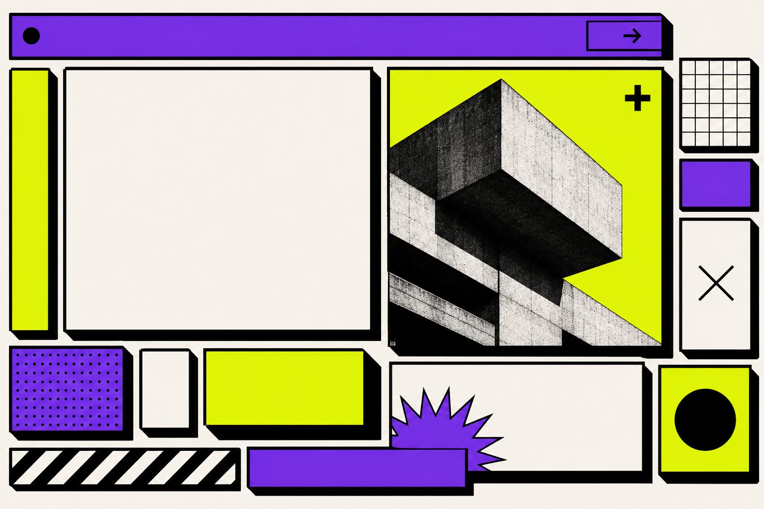 Interface neo brutalista com composição geométrica em tons fortes, bordas pretas grossas, formas minimalistas e arquitetura brutalista em destaque